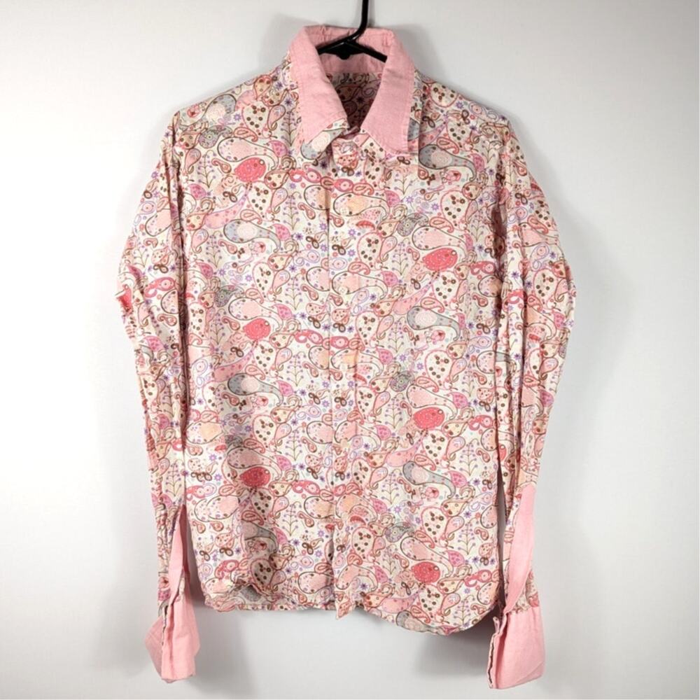 Handmade Paisley Button Up Shirt Womens Medium Pink Long Sleeve Cotton Blouse